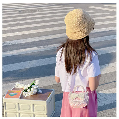 Sweet Cute Bow Children's Shoulder Bag Pearl Handle Baby Girls Small Crossbody Bags Lovely Princess Accessories Purse Handbags