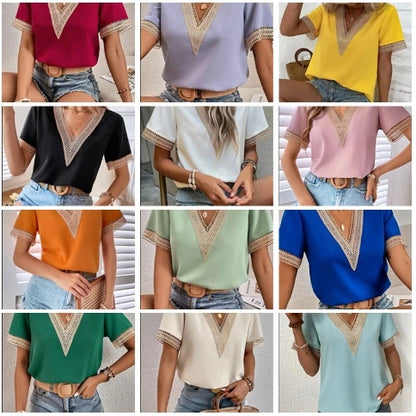 Women's Blouses Spring Summer Latest 2025 V-Neck Lace Casual Solid Color Shirt Short Sleeved T-Shirt Loose Fit Top Pullover