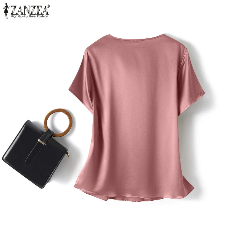 Women Summer Blouses ZANZEA 2024 Fashion Satin Tops Short Sleeve Blusas Female O Neck Casual Home Wear Tunic Chemise Oversized