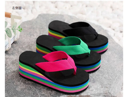 Women's Rainbow Color Platform Flip Flops Summer Thick Sole Lightweight Slip-on Wedges Sandals Girls Beach Slippers