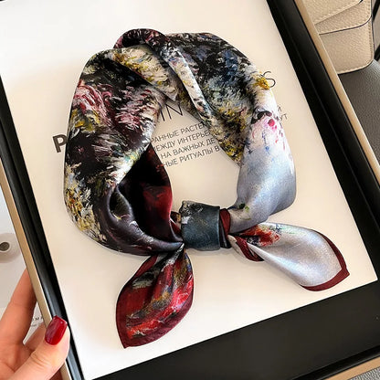 Hot Sale 2025 Brand 100% Silk Scarf Women Neck Hair Foulard Square Headband Hijab Print Poncho Scarves Bandana Fashion 53cm