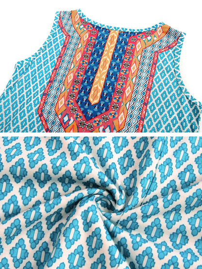 S-5Xl Colorful Printed O Neck Long Dress Casual Bohemian Sleeveless Ladies Summer Beach Sundress Travel Pocket Shirt Party Gowns