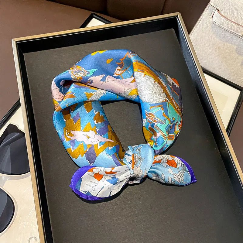 Hot Sale 2025 Brand 100% Silk Scarf Women Neck Hair Foulard Square Headband Hijab Print Poncho Scarves Bandana Fashion 53cm