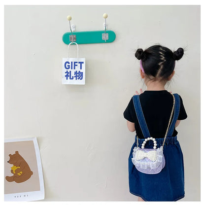 Sweet Cute Bow Children's Shoulder Bag Pearl Handle Baby Girls Small Crossbody Bags Lovely Princess Accessories Purse Handbags