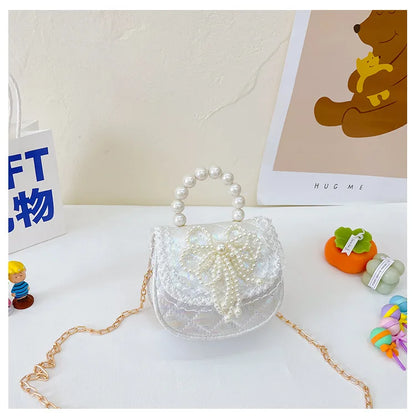 Sweet Cute Bow Children's Shoulder Bag Pearl Handle Baby Girls Small Crossbody Bags Lovely Princess Accessories Purse Handbags