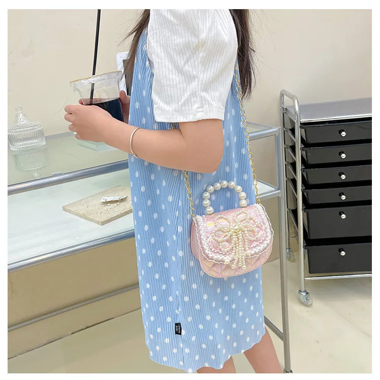 Sweet Cute Bow Children's Shoulder Bag Pearl Handle Baby Girls Small Crossbody Bags Lovely Princess Accessories Purse Handbags