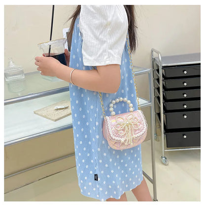 Sweet Cute Bow Children's Shoulder Bag Pearl Handle Baby Girls Small Crossbody Bags Lovely Princess Accessories Purse Handbags