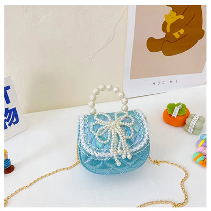 Sweet Cute Bow Children's Shoulder Bag Pearl Handle Baby Girls Small Crossbody Bags Lovely Princess Accessories Purse Handbags