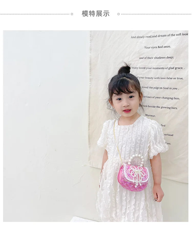 Sweet Cute Bow Children's Shoulder Bag Pearl Handle Baby Girls Small Crossbody Bags Lovely Princess Accessories Purse Handbags