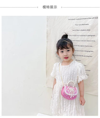 Sweet Cute Bow Children's Shoulder Bag Pearl Handle Baby Girls Small Crossbody Bags Lovely Princess Accessories Purse Handbags