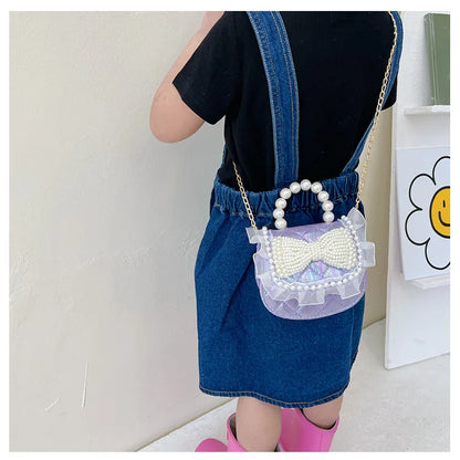 Sweet Cute Bow Children's Shoulder Bag Pearl Handle Baby Girls Small Crossbody Bags Lovely Princess Accessories Purse Handbags