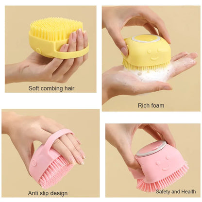 Pet Bath Brush Pet Massage Brush Shampoo Dispenser Soft Silicone Brush Rubber Bristle for Dogs and Cats Shower Grooming Tool