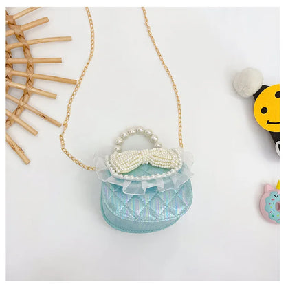 Sweet Cute Bow Children's Shoulder Bag Pearl Handle Baby Girls Small Crossbody Bags Lovely Princess Accessories Purse Handbags