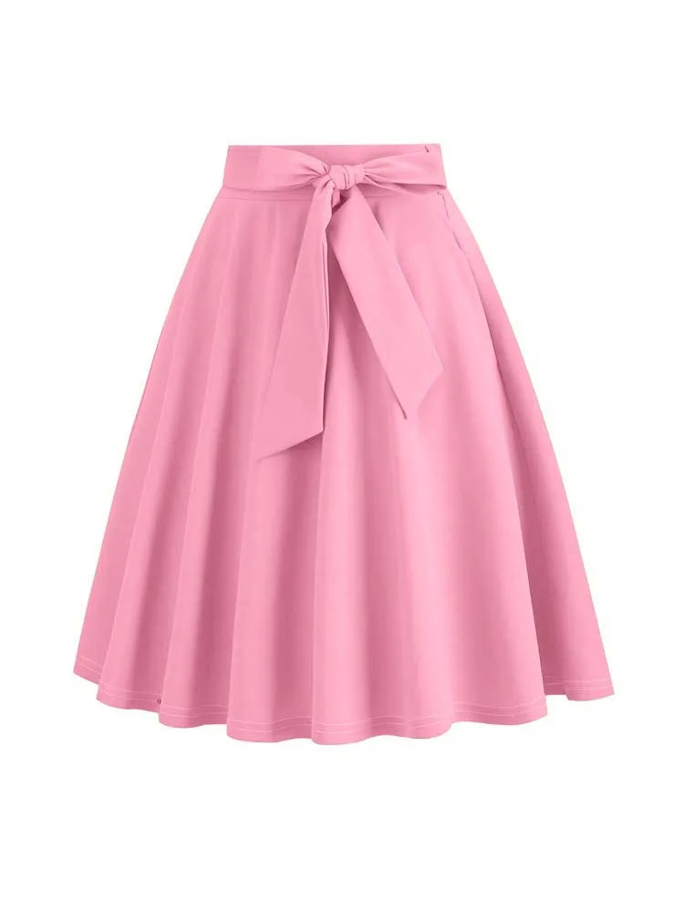 Women Summer Midi Long Skirt Solid Elegant Faldas High Waist A Line 50s Swing Skirts