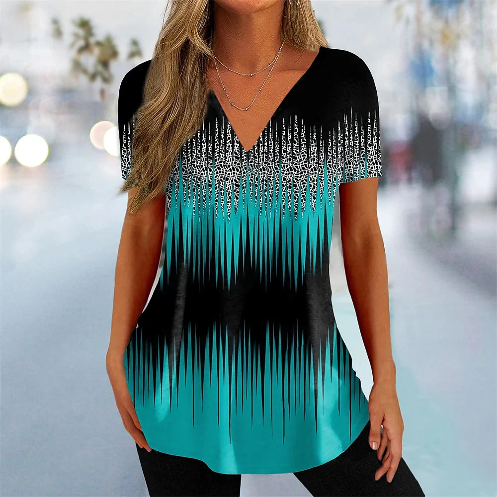 Women's T Shirt Stripe Gradient Relaxed Ladies Clothes Blouse V-Neck Fashion Short Sleeve Tees Female Oversized Sweatshirt Loose