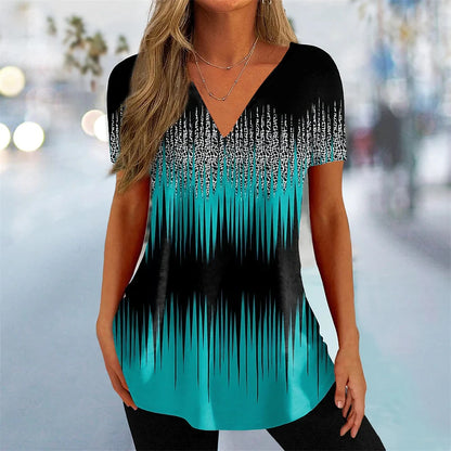Women's T Shirt Stripe Gradient Relaxed Ladies Clothes Blouse V-Neck Fashion Short Sleeve Tees Female Oversized Sweatshirt Loose
