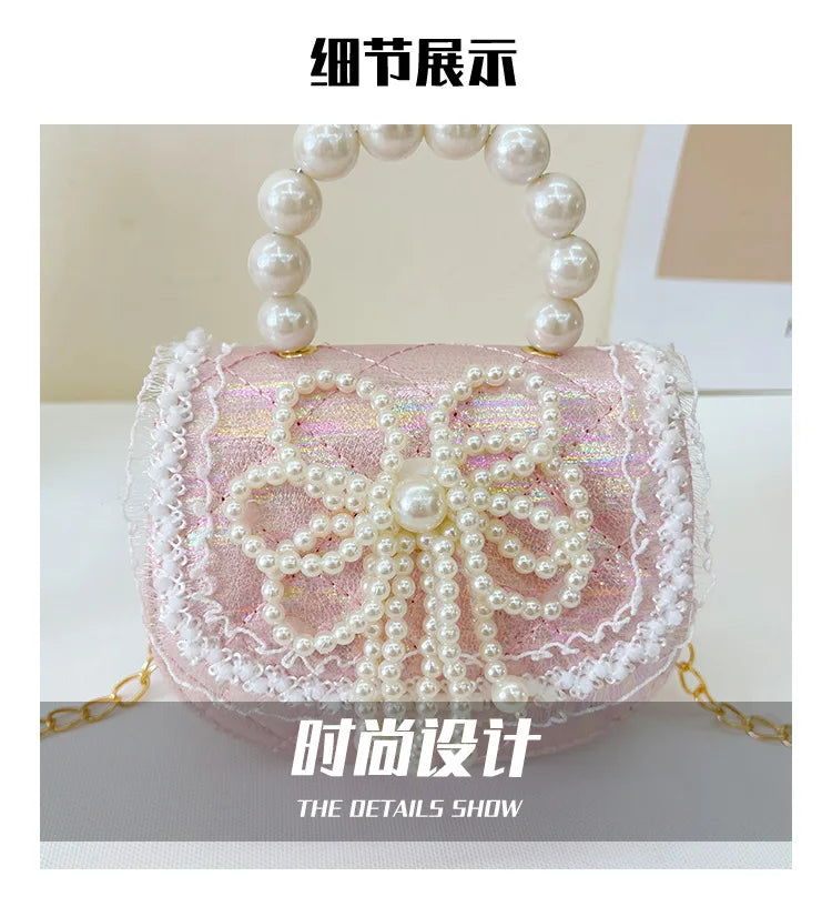 Sweet Cute Bow Children's Shoulder Bag Pearl Handle Baby Girls Small Crossbody Bags Lovely Princess Accessories Purse Handbags