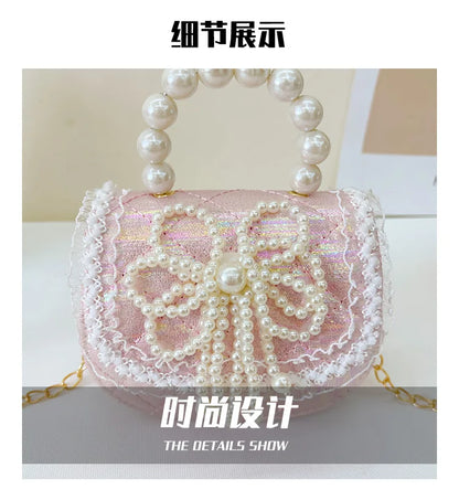 Sweet Cute Bow Children's Shoulder Bag Pearl Handle Baby Girls Small Crossbody Bags Lovely Princess Accessories Purse Handbags