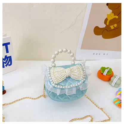 Sweet Cute Bow Children's Shoulder Bag Pearl Handle Baby Girls Small Crossbody Bags Lovely Princess Accessories Purse Handbags
