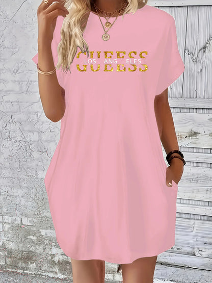 Ladies' summer loose GUEESS Los Angeles letter pattern print round neck short sleeved pocket comfortable casual plus size dress
