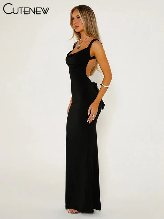 NIBBER Women's Elegant Solid Maxi Dress Sexy Halter Spaghetti Lady Long Dresses Bowknot Lace-up Girl Backless Female Party Robe