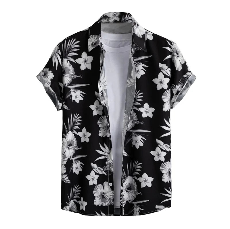 Retro Hawaiian Flower Shirt For Men Summer 3d Print Plants Leaves Short Sleeves Button Down Shirts Beach Tops Blouse Clothes