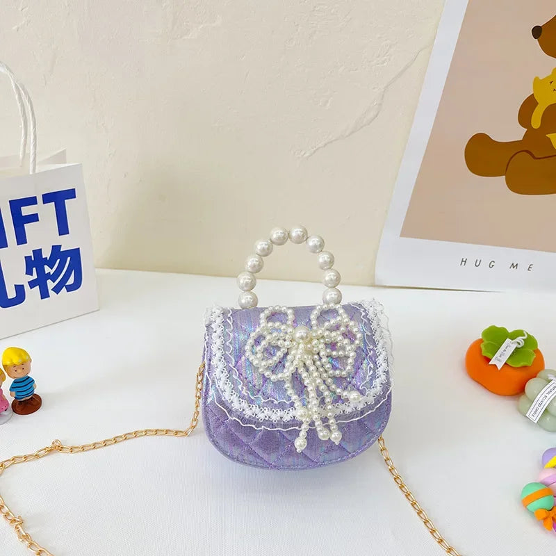 Sweet Cute Bow Children's Shoulder Bag Pearl Handle Baby Girls Small Crossbody Bags Lovely Princess Accessories Purse Handbags