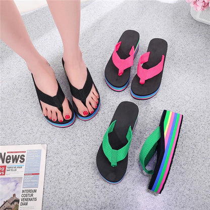 Women's Rainbow Color Platform Flip Flops Summer Thick Sole Lightweight Slip-on Wedges Sandals Girls Beach Slippers