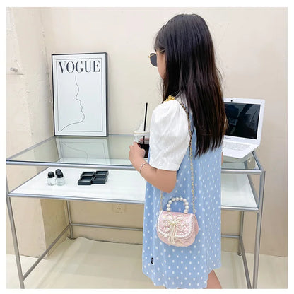 Sweet Cute Bow Children's Shoulder Bag Pearl Handle Baby Girls Small Crossbody Bags Lovely Princess Accessories Purse Handbags