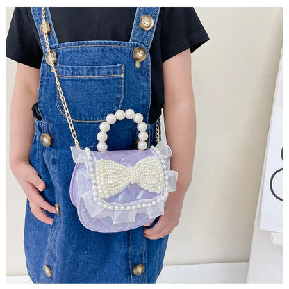 Sweet Cute Bow Children's Shoulder Bag Pearl Handle Baby Girls Small Crossbody Bags Lovely Princess Accessories Purse Handbags