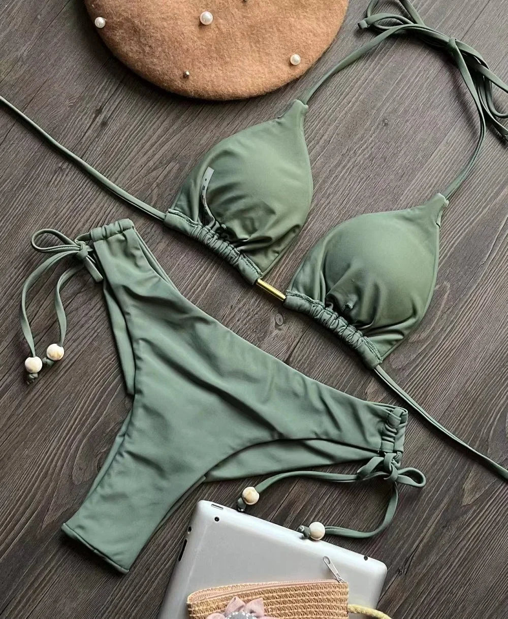 2024 sexy women bikini, brazilian triangle bikini, push-up swimsuit, metal chain beach bikini