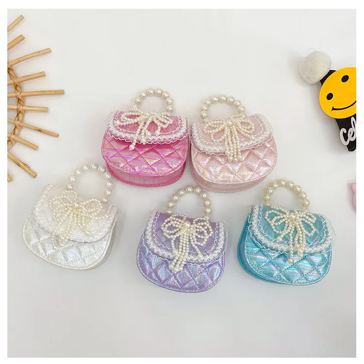 Sweet Cute Bow Children's Shoulder Bag Pearl Handle Baby Girls Small Crossbody Bags Lovely Princess Accessories Purse Handbags