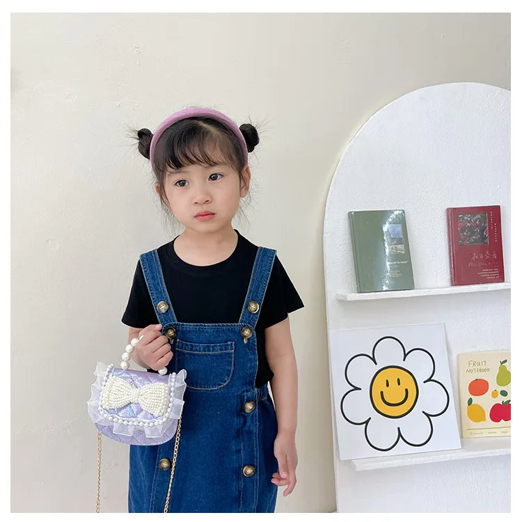 Sweet Cute Bow Children's Shoulder Bag Pearl Handle Baby Girls Small Crossbody Bags Lovely Princess Accessories Purse Handbags