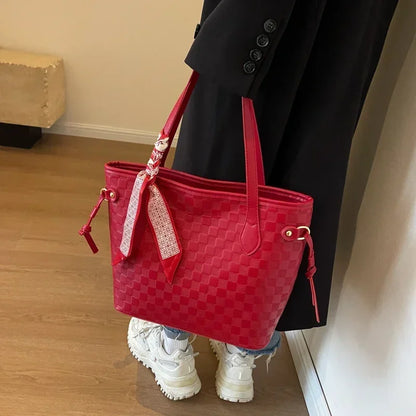 PU 2024 New Women's Bag Fashion Trend Shoulder Bag Leisure Commuter Handbag Minimalist Versatile Design Red Large Capacity