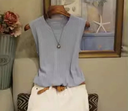 2025 Summer New Fashion Knitted Vests O-neck Sleeveless Casual Thin Tops Sleeveless Blouse Women Shirt