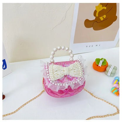 Sweet Cute Bow Children's Shoulder Bag Pearl Handle Baby Girls Small Crossbody Bags Lovely Princess Accessories Purse Handbags