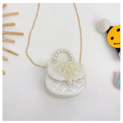 Sweet Cute Bow Children's Shoulder Bag Pearl Handle Baby Girls Small Crossbody Bags Lovely Princess Accessories Purse Handbags