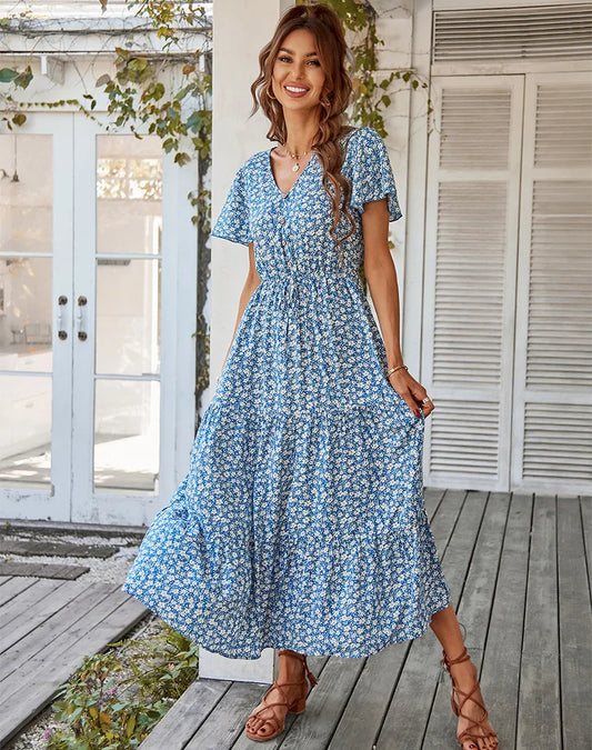 Summer hot-selling daily commuting floral dress fashionable slit skirt casual fashion loose V-neck short-sleeved skirt