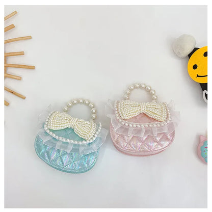 Sweet Cute Bow Children's Shoulder Bag Pearl Handle Baby Girls Small Crossbody Bags Lovely Princess Accessories Purse Handbags