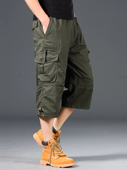 Summer Men's Cargo Shorts Loose Casual Below Knee Pants Elastic Waist Plus Size Outdoor Jogging Tactical Capri Pants