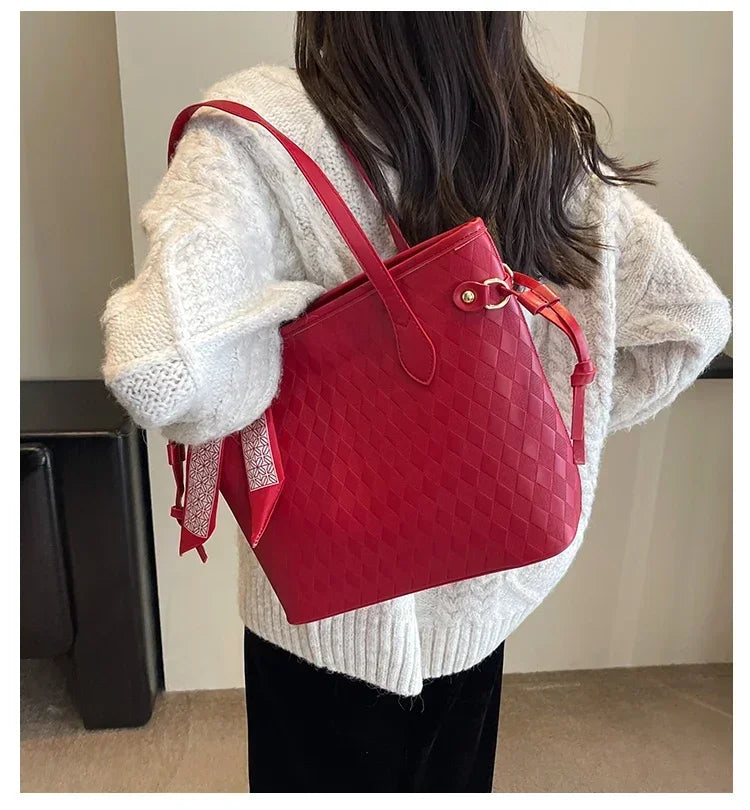 PU 2024 New Women's Bag Fashion Trend Shoulder Bag Leisure Commuter Handbag Minimalist Versatile Design Red Large Capacity