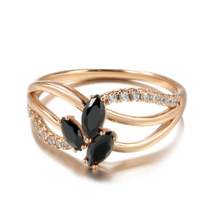 Luxury 18k Rose Gold Natural Black Diamond Ring Geometric Line Cross Wedding Gold Rings for Women Larimar Vintage Fine Jewelry