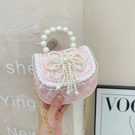 Sweet Cute Bow Children's Shoulder Bag Pearl Handle Baby Girls Small Crossbody Bags Lovely Princess Accessories Purse Handbags