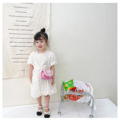Sweet Cute Bow Children's Shoulder Bag Pearl Handle Baby Girls Small Crossbody Bags Lovely Princess Accessories Purse Handbags
