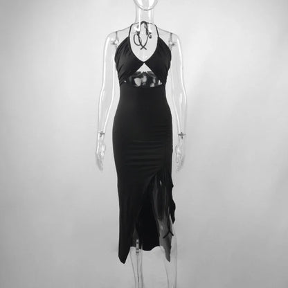 Summer Black Sexy Dress For Women Sleeveless Backless Hollow Out Party Dress Fashion Lace-up Halter Bodycon Elegant Split Dress