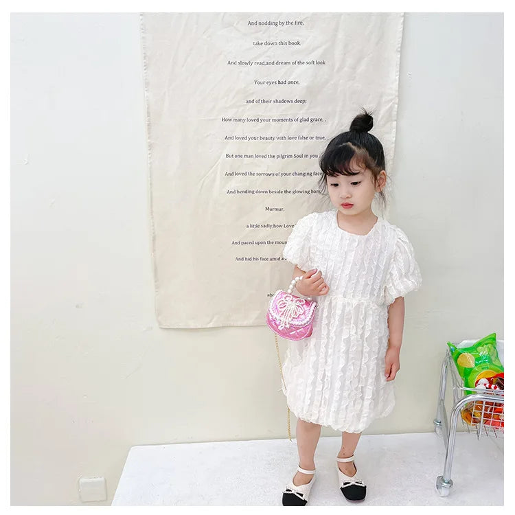 Sweet Cute Bow Children's Shoulder Bag Pearl Handle Baby Girls Small Crossbody Bags Lovely Princess Accessories Purse Handbags