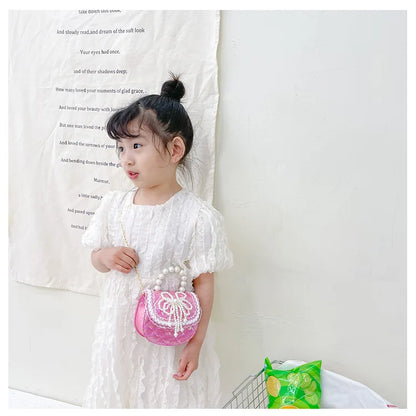 Sweet Cute Bow Children's Shoulder Bag Pearl Handle Baby Girls Small Crossbody Bags Lovely Princess Accessories Purse Handbags