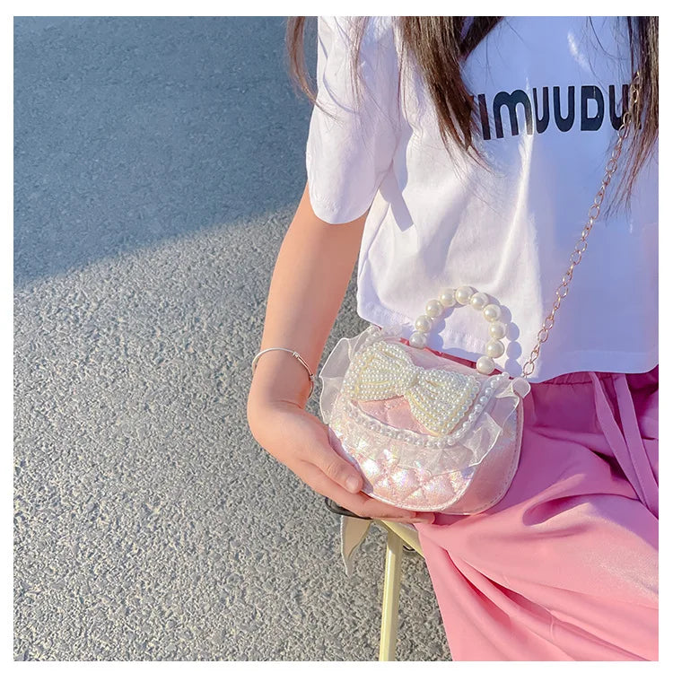 Sweet Cute Bow Children's Shoulder Bag Pearl Handle Baby Girls Small Crossbody Bags Lovely Princess Accessories Purse Handbags