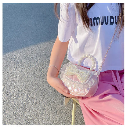 Sweet Cute Bow Children's Shoulder Bag Pearl Handle Baby Girls Small Crossbody Bags Lovely Princess Accessories Purse Handbags