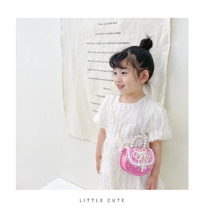 Sweet Cute Bow Children's Shoulder Bag Pearl Handle Baby Girls Small Crossbody Bags Lovely Princess Accessories Purse Handbags